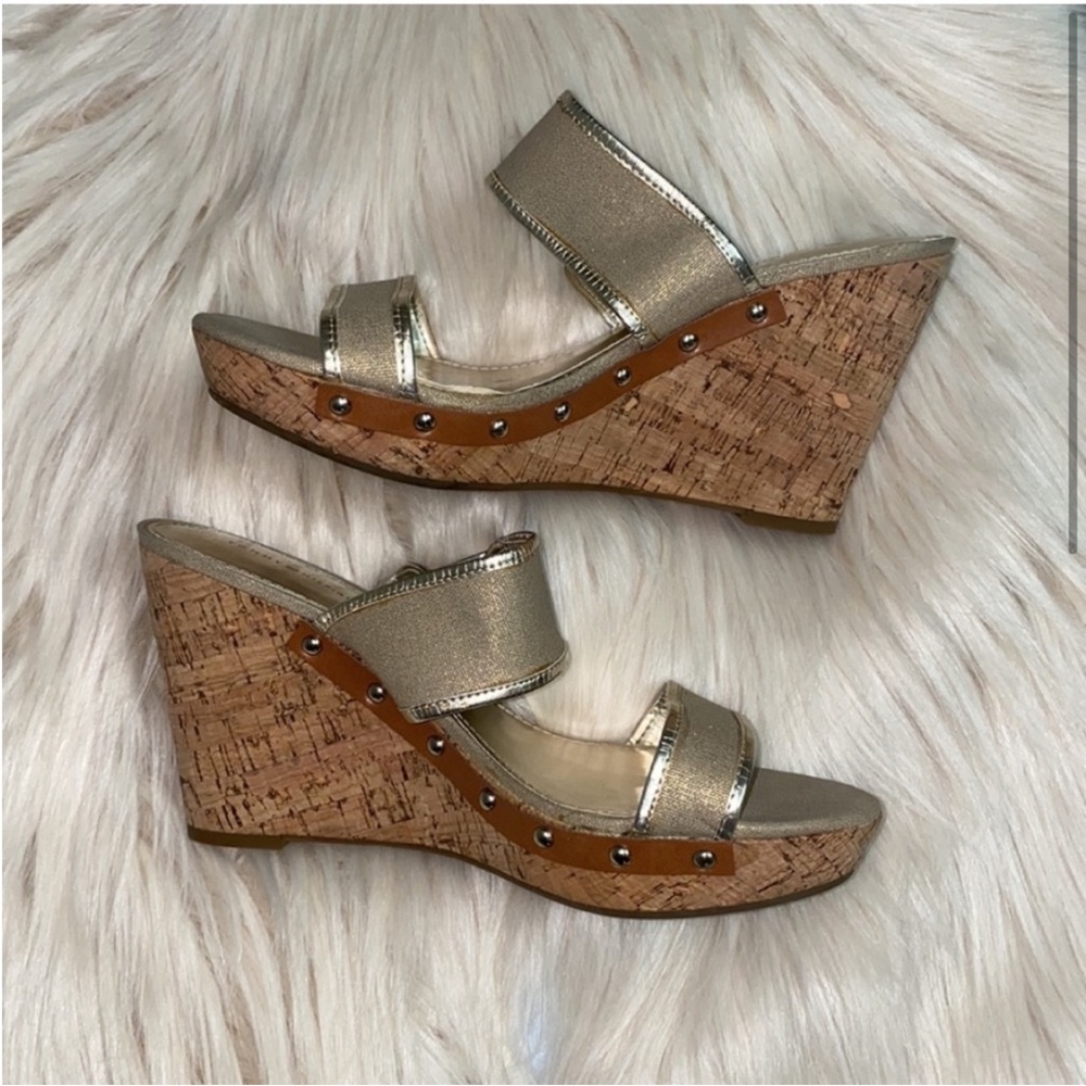 Tommy Hilfiger Gold Cork Wedges with Buckles - Picture 2 of 9